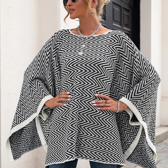 Chevron Pattern Contrast Trim Poncho Sweater XL - Picture 3 of 7
